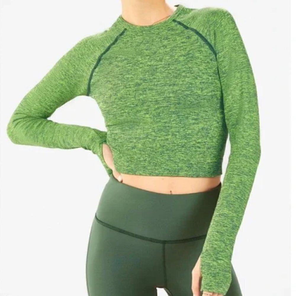 Fabletics Bri Ribbed Green Seamless Long Sleeve Crop Top - Size XL